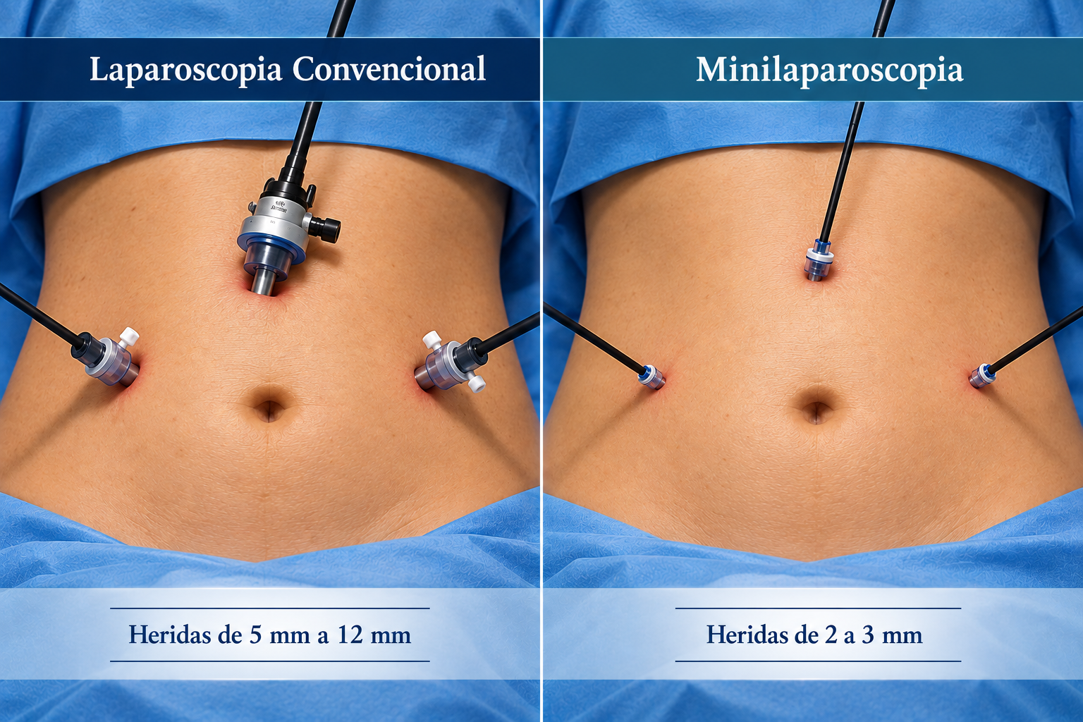 Ilustración comparativa: laparoscopia convencional con incisiones de 5 a 12 mm y minilaparoscopia con incisiones de 2 a 3 mm.
